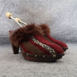 Joey Shoes Womens 8 Mule Slip On Clog Pump Faux Fur Leather Velvet Tapestry Red